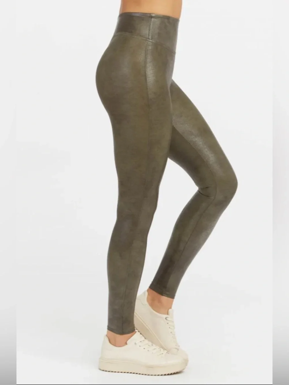 Spanx Faux Leather Croc Embossed Leggings Dark Olive High Rise Slim Fit Size M